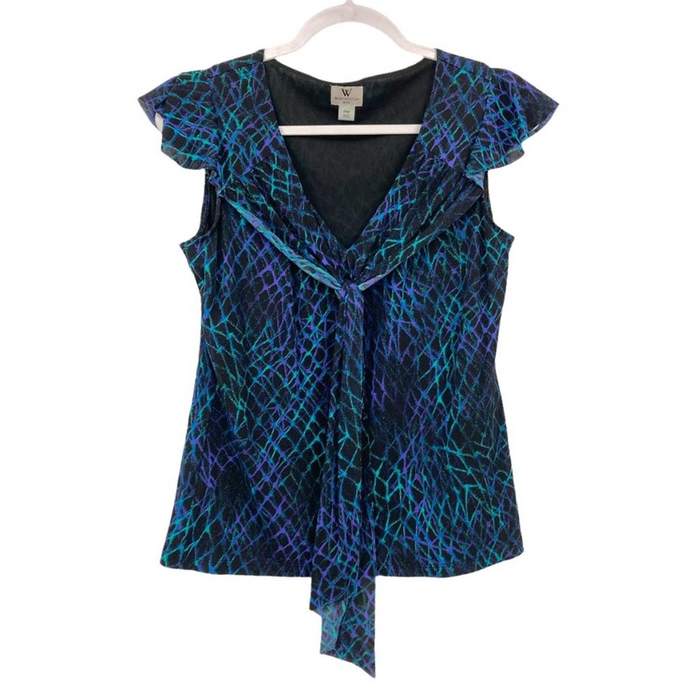 Worthington Petite Scarf Tie-Front Abstract Print Flutter Sleeve Blouse